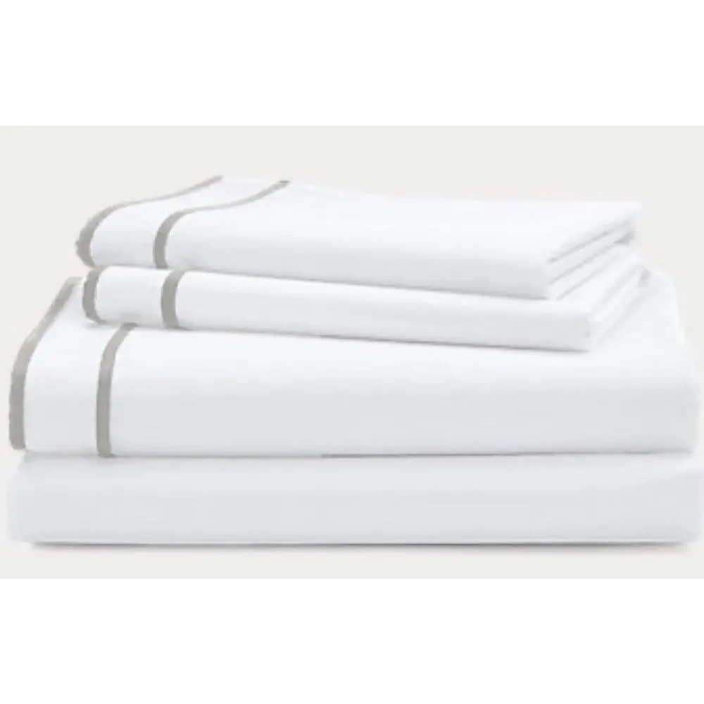 Ralph Lauren Spencer Border Sateen Queen Sheet Set White Grey Gray 4 Pcs. NIP